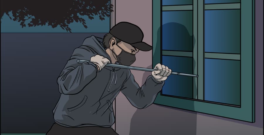 Illustration of burglar forcing entry through a window in Bend