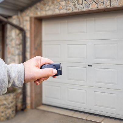 Bend security key fob pointing to a garage door